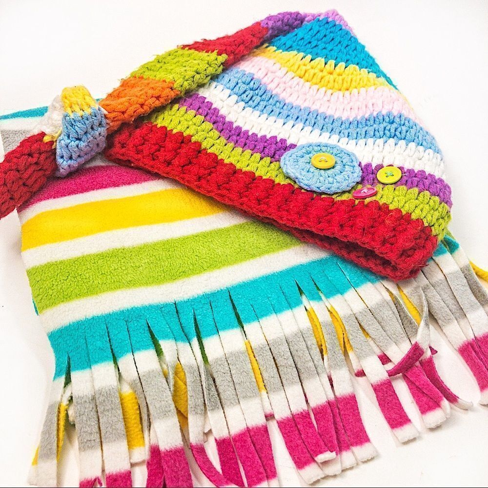 Rainbow Striped Set: Hand Knit Beanie & Old Navy Fleece Scarf